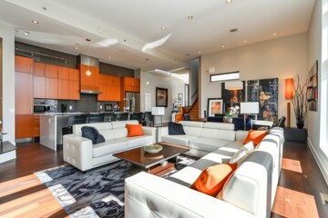 Spacious modern living room with contemporary furnishings and decor