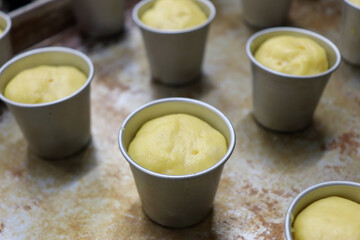 型に入ったオーブンで焼く前の酵母で作ったパンの生地