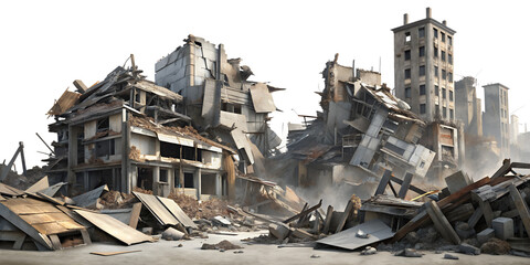 Fototapeta premium Earthquake-Damaged Buildings on Transparent Background, Ruined Buildings Post-Earthquake. Perfect for Impactful and Informative Visuals