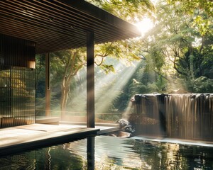 Tranquil spa oasis  waterfall view, sunlight through trees, modern design for relaxation   wellness