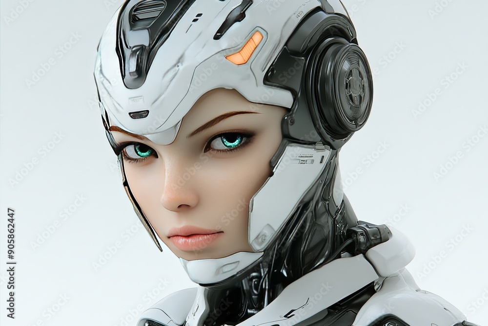 Poster close-up portrait of a female android with sleek white armor symbolizing the beauty strength and adv