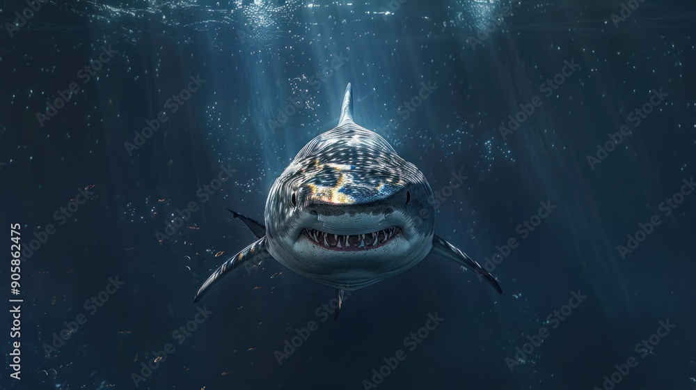 Poster Great white shark underwater with sunbeams.