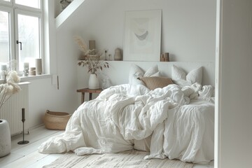 Minimalist white bedroom with a cozy vibe and soft furnishings