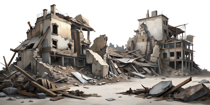 Earthquake-Damaged Buildings on Transparent Background, Ruined Buildings Post-Earthquake. Perfect for Impactful and Informative Visuals
