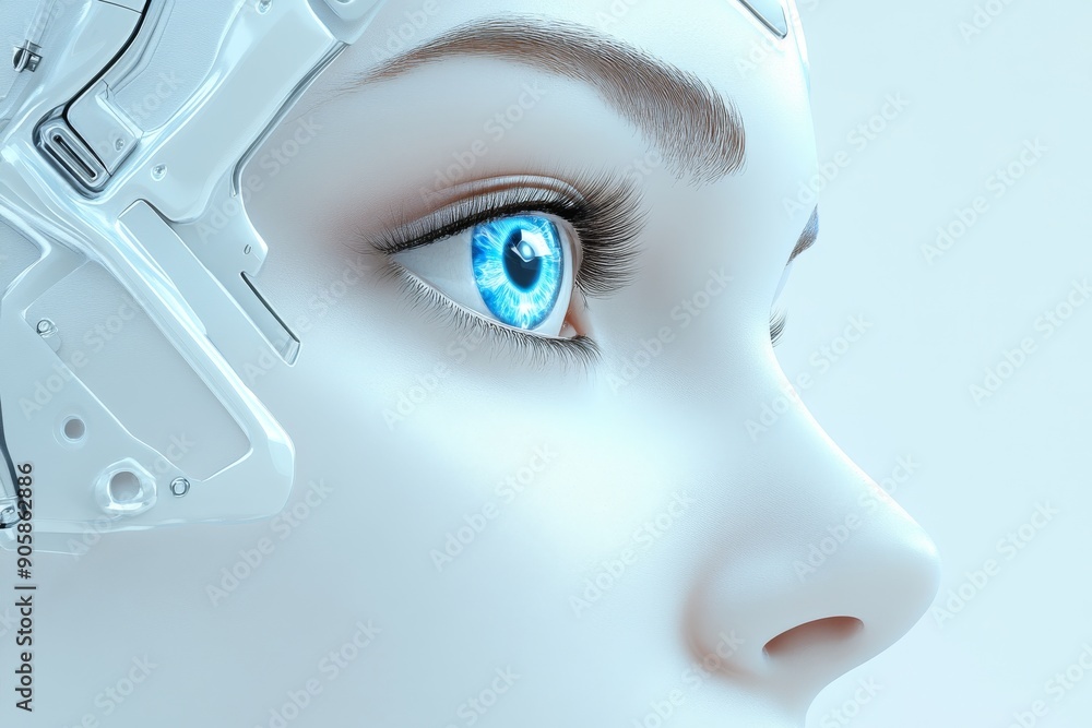 Poster close-up of a robotic face with a glowing blue eye symbolizing the intelligence advanced technology 