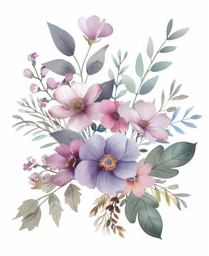 Elegant Botanical Illustration of Mixed Flowers in Soft Pastel Colors
