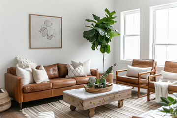 Cozy Living Room with Wooden Furniture and Lush Green Plants
