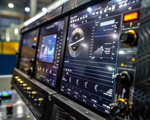 Naklejka premium Advanced cnc machine control panel with multiple digital screens displaying data and graphs