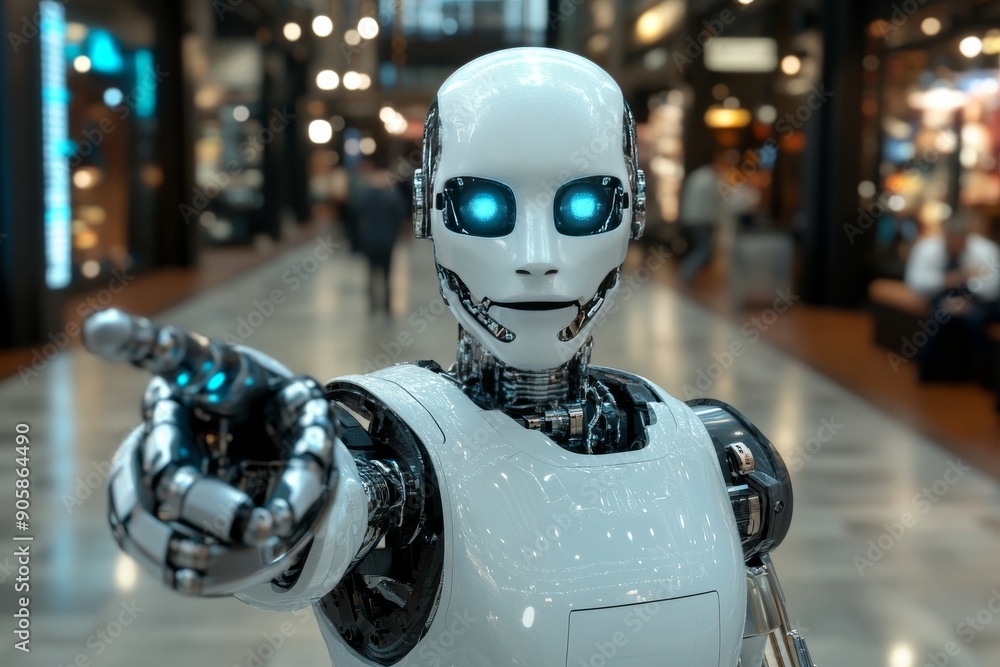 Poster humanoid robot with blue glowing eyes in a busy urban environment symbolizing the integration of ai 