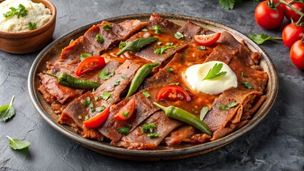 Close up of Iskender kebab with sauce and butter on gray background, Iskender kebab, Turkish cuisine, traditional, delicious