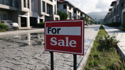 Obraz premium For Sale Sign in Front of Modern Houses.