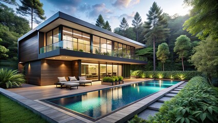 Fototapeta premium Luxurious modern villa with a pool overlooking a lush forest , luxury, vacation, home, modern, villa, pool, forest