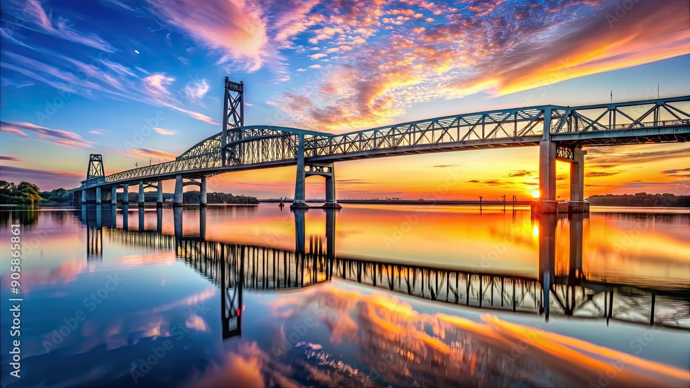 Sticker View of Cape Fear Memorial Bridge at sunset with reflections on the water below, bridge