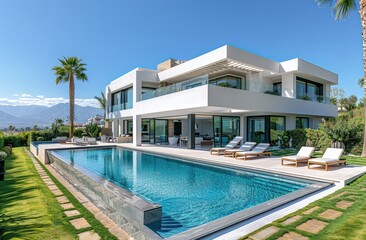 Private residence, villa in high-tech style with swimming pool and lounge chairs in tropics