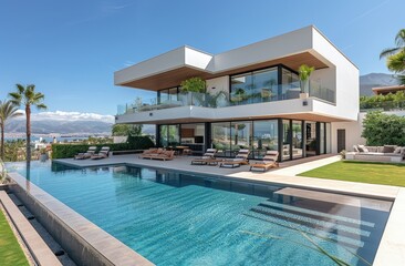 Fototapeta premium Hotel, private residence, villa with large windows with swimming pool and lounge chairs in tropics
