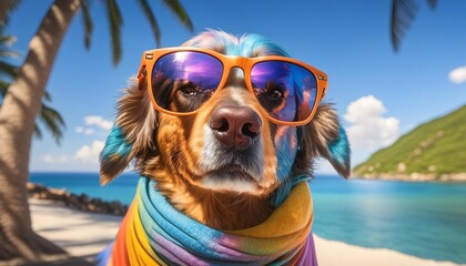 Multicolored colorful fantasy cute dog in sunglasses.