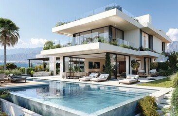 Fototapeta premium Luxury hotel, private residence, villa in high-tech style with swimming pool and lounge chairs in tropics