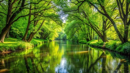 Lush trees bordering a serene stream, nature, water, peaceful, relaxation, forest, green, tranquil, landscape, trees, stream