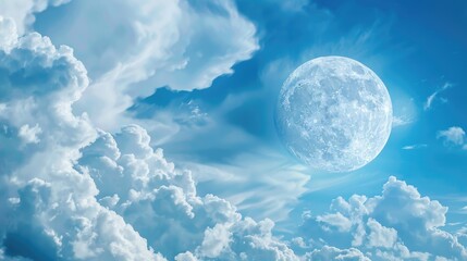 Close up image of a large full moon partly obscured by clouds with space for text