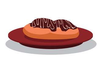 Bread on a lid with chocolate and cream topping. Simple flat illustration. 