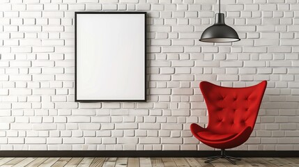 Minimalist living room with a red armchair and a blank frame.