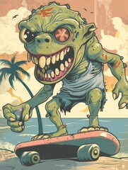Whimsical cartoon character in vintage comic book style depicting a monstrous creature enjoying a beach party with surfing and skateboarding activities against a tropical backdrop of palm trees and
