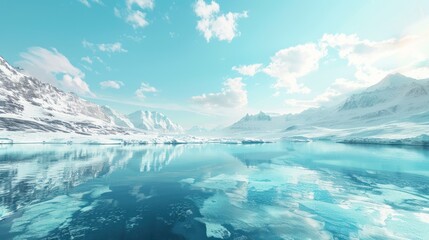 Fototapeta premium Serene Arctic Landscape with Snow-capped Mountains and Calm Water.