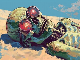 Vintage Cartoon Character of a Ghoul Sunbathing on a Beach in Retro Comic Book Style with Spooky Supernatural and Surreal Elements