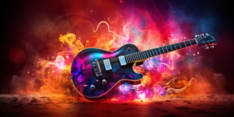 Electric guitar with vibrant flames and colorful background