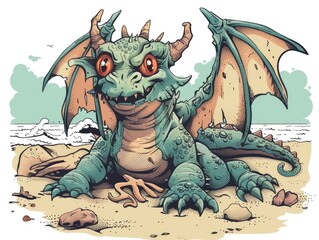 Obraz premium Playful and Whimsical Cartoon Sea Monster Character on Tropical Beach Scene with Sand Rocks and Ocean in Vintage Comic Style