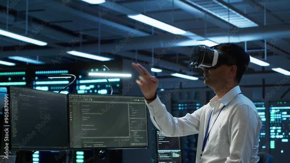 Poster engineer wearing vr headset in data center installing software on computer, troubleshooting issues. 