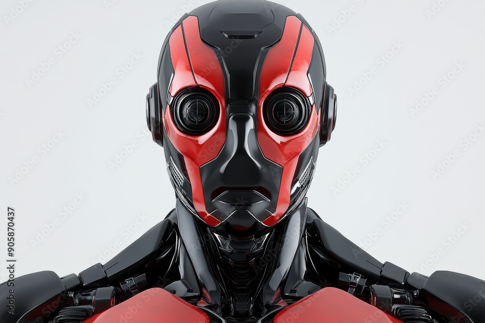 Aufkleber close-up of a futuristic robotic helmet with red and black accents symbolizing the protection advanc