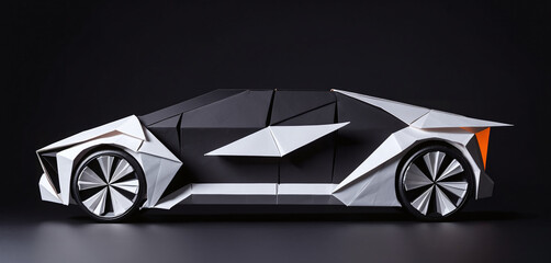 A paper-folded modern conceptual automobile, development, research and design in the development of new vehicles - ai generated