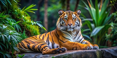 Malayan tiger laying in the forest, showcasing its beautiful orange fur and black stripes, endangered, wildlife