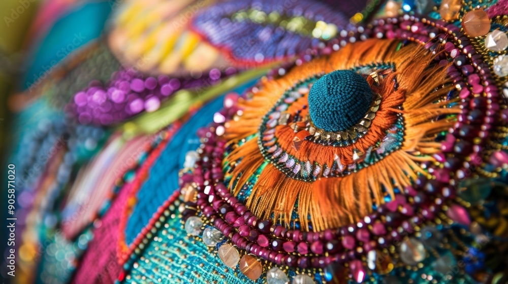 Poster an image showcasing a headrest with a unique design featuring a vibrant mosaic of colorful beads and