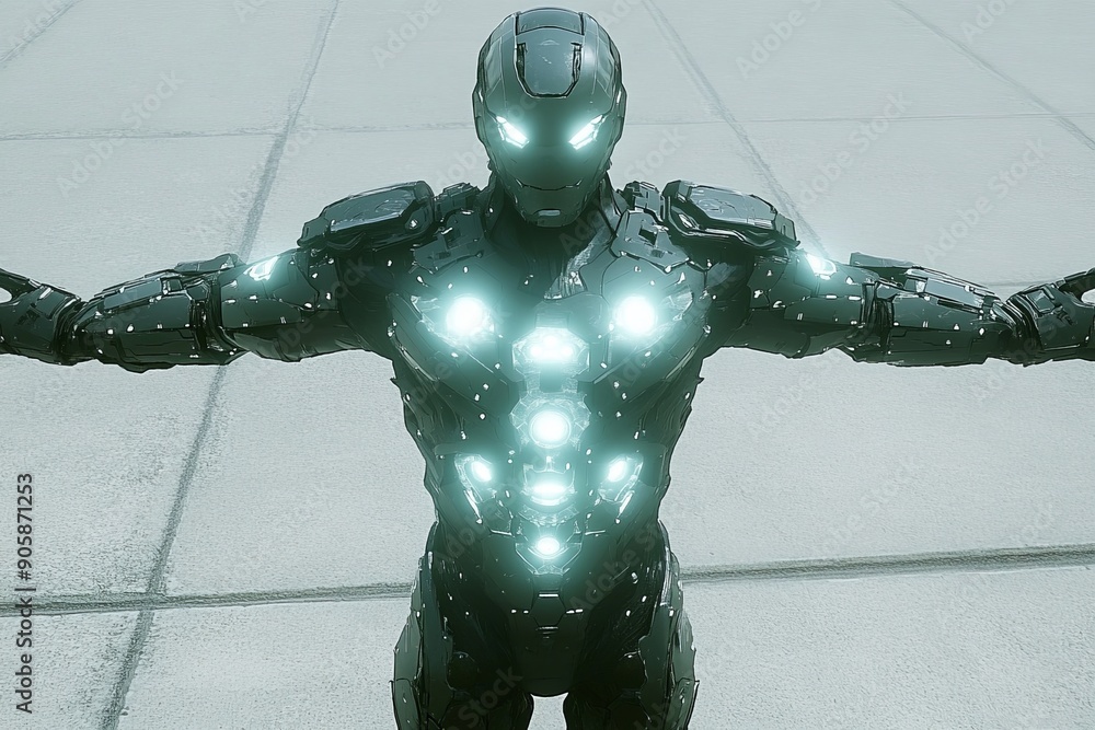 Poster robotic figure with illuminated chest and arm lights symbolizing power energy and advanced technolog