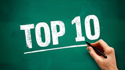 Hand writing the text: Top 10 over a green background.