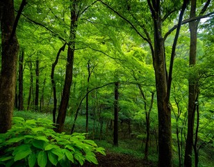 Obraz premium A deep forest with dazzling fresh green leaves