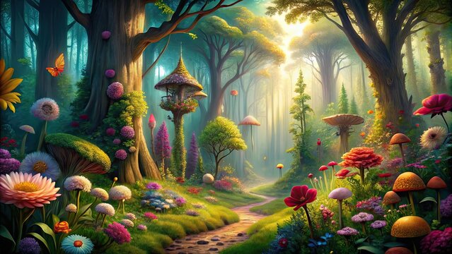 Enchanting forest with tall trees, vibrant flowers, and whimsical creatures, fairy tale, magical, fantasy, woodland