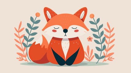 Adorable cartoon style of a modern simple and friendly fox character sitting in a cozy floral filled nature scene  This whimsical cheerful and soft image would be perfect for use in children s books