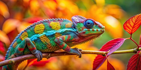 Obraz premium Vibrant chameleon on a branch in colorful foliage, chameleon, vibrant, multicolored, scales, branch, colorful, foliage