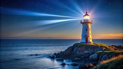 Seaside lighthouse at night with glowing beacon , ocean, coast, navigation, safety, tower, illuminated, dark