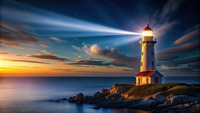 Seaside lighthouse casting a beam of light into the night sky, seaside, lighthouse, night, beam, light, ocean