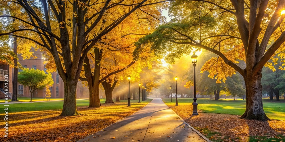 Sticker Serene autumn morning on a college campus with golden light filtering through the trees , road, autumn, tree, fall