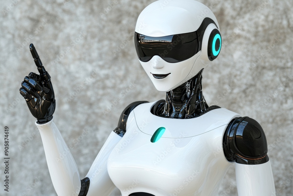 Poster futuristic humanoid robot in a white and black design pointing forward symbolizing direction guidanc