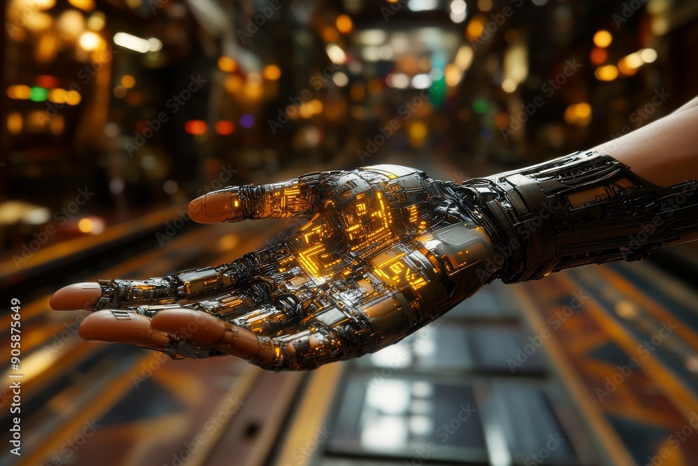 Poster robotic hand with glowing circuitry symbolizing the fusion of technology and organic elements in a d