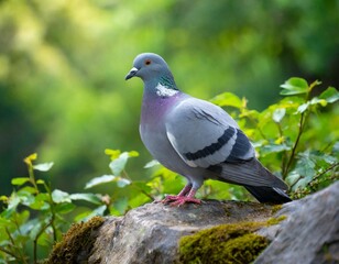 Obraz premium A serene photograph capturing a delicate gray pigeon standing gracefully atop a rugged rock