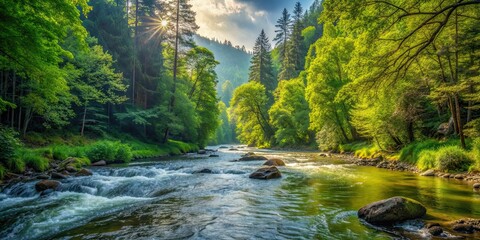 Obraz premium Wild river flowing through lush forest in the summer, perfect for a wallpaper background, river, forest, wild, summer
