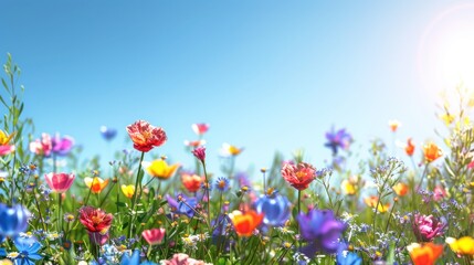 Fototapeta premium Colorful Wildflowers in a Meadow Under a Blue Sky.