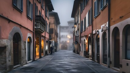 Fototapeta premium A deserted medieval European street , enveloped in a dense fog. 
